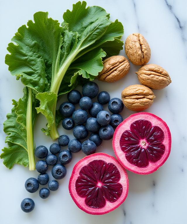 A vibrant spread of fresh, organic ingredients including kale, berries, and walnuts on a white marble surface